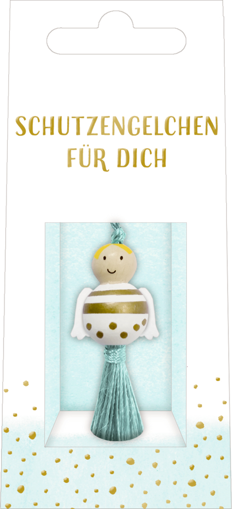 Geschenkverpackung mit einem kleinen Engel und dem Schriftzug „Schutzengelchen für Dich“ darüber.