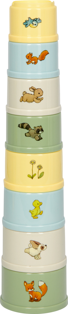 Gestapelte Becher mit Tier- und Pflanzenmotiven: Vogel-, Fuchs-, Kaninchen-, Waschbär-, Enten- und Blumenillustrationen.