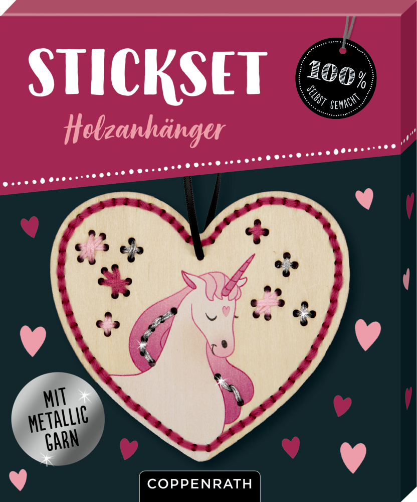Einhorn Holzanhänger Stickset mit rosa Garn und Blumenmuster auf der Verpackung.