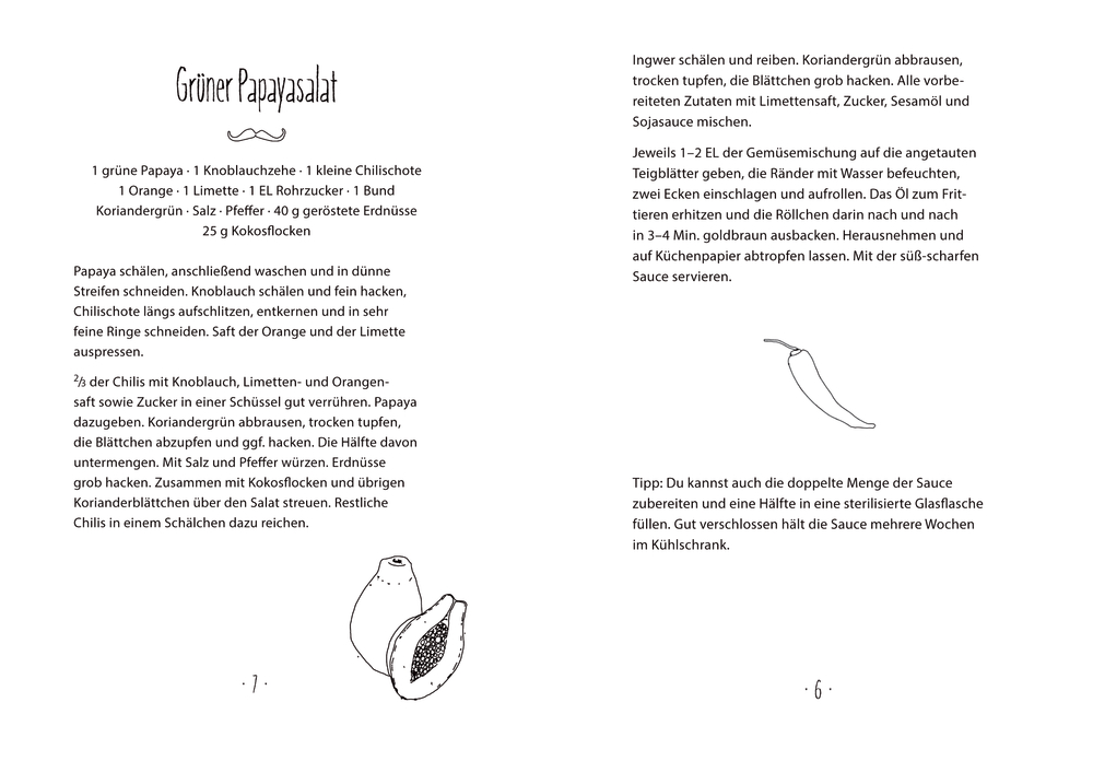 Rezeptseite: Grüner Papayasalat mit Papaya- und Chili-Abbildungen.