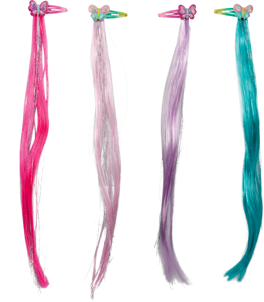 4 Schmetterlings-Haarspangen mit langen, bunten Verlängerungen in Pink, Hellrosa, Lavendel und Blaugrün.