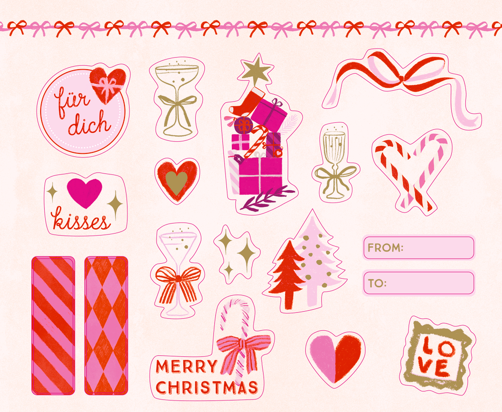 Bunte Weihnachtsaufkleber mit Geschenken, Herzen, Schleifen, Tannenbäumen, Sternen und Text wie „für dich“, „kisses“, „Merry Christmas“, „LOVE“.