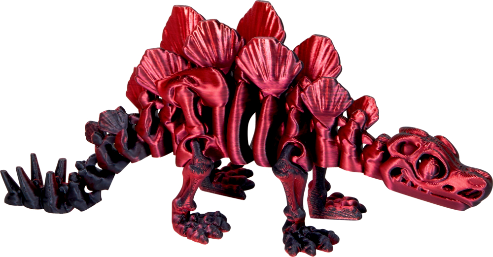 rot/schwarz, Kristalltier Stegosaurus Skelett - T-Rex World Rot-schwarzer Spielzeug-Stegosaurus mit großen Rückenplatten und Schwanzstacheln, dargestellt auf weißem Hintergrund.