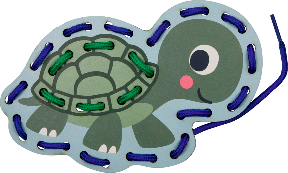 Cartoon-Schildkröte-Schnürspielzeug mit grünen und blauen Schnüren durch Löcher am Rand.