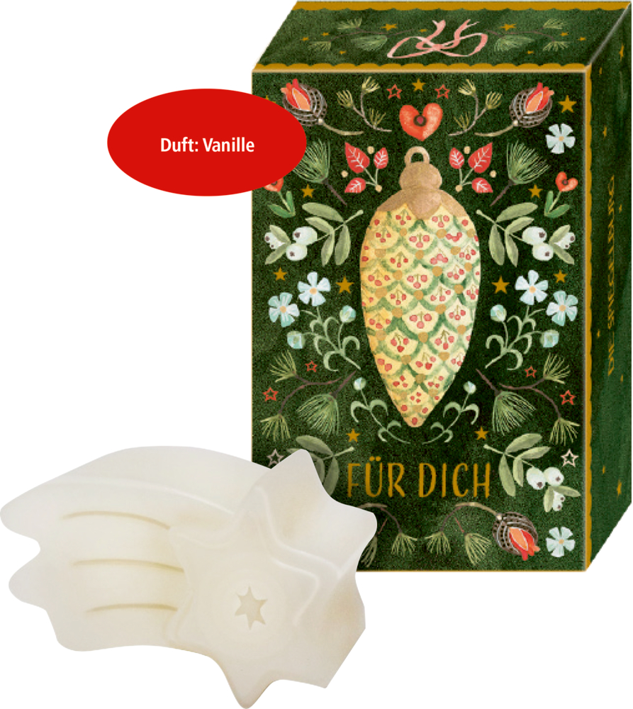 Sternförmige weiße Seife in einer Geschenkbox mit festlichem Blumenmuster und dem Text „Für Dich“.