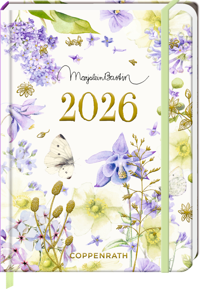 Kleiner Wochenkalender: Mein Jahr 2026 (violett) - M.Bastin Planer 2026 mit lila-gelben Blumen, Schmetterling und goldenem Text auf weißem Einband.