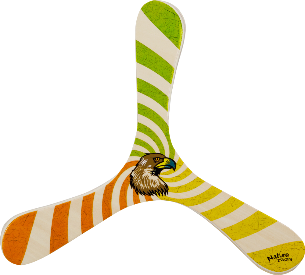 Holz-Boomerang mit orangefarbenen, gelben und grünen Streifen und einem Falkenmotiv in der Mitte.