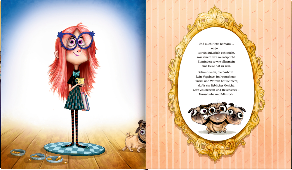 Ein rothaariges Mädchen mit Brille hält eine Tasse, steht auf einem Teppich neben drei Möpsen und Text auf einer Innenansicht.