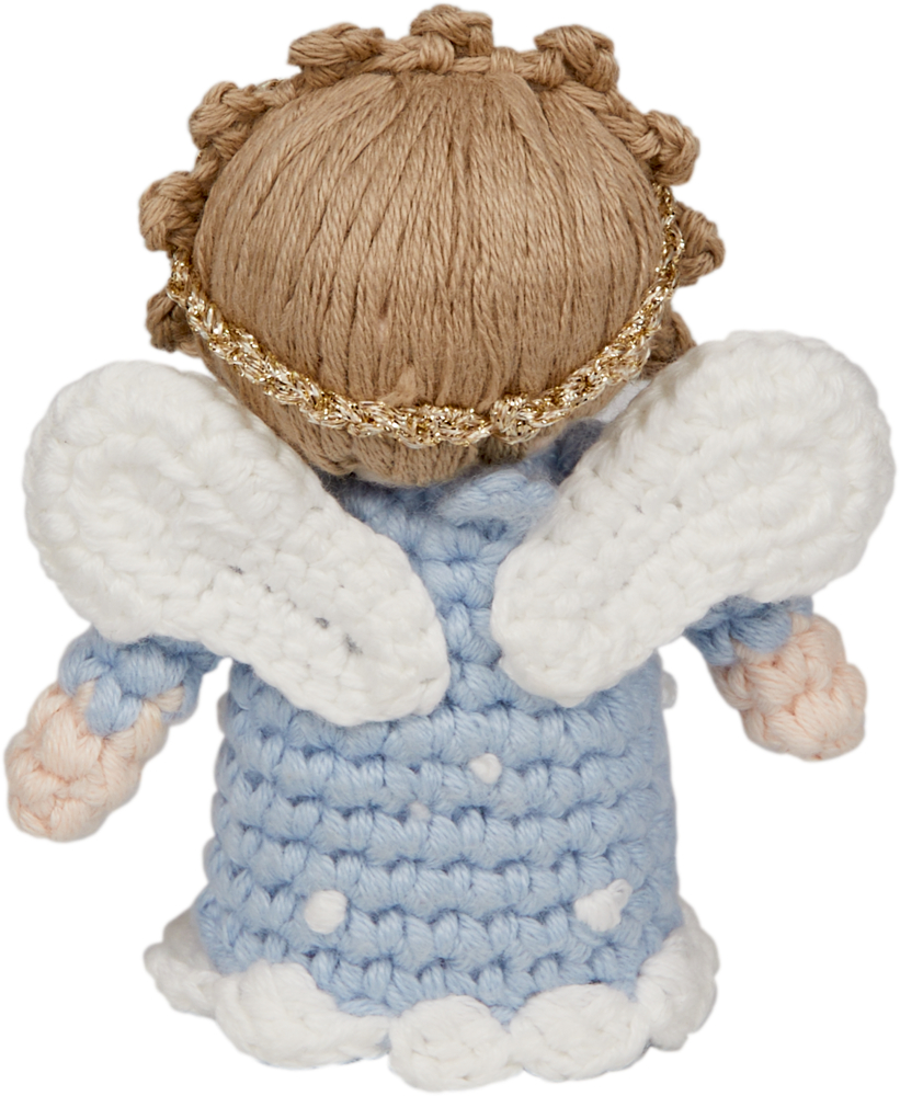 Gehäkelte Engelspuppe mit weißen Flügeln und blauem Kleid von hinten gezeigt.