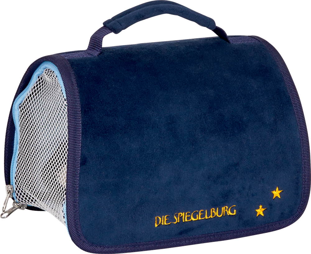 Reisetasche für Plüschtiere, blau - Lustige Tierparade Dunkelblaue, weiche Tiertragetasche mit Netzseite, Tragegriff oben und der gelben Stickerei „Die Spiegelburg“.