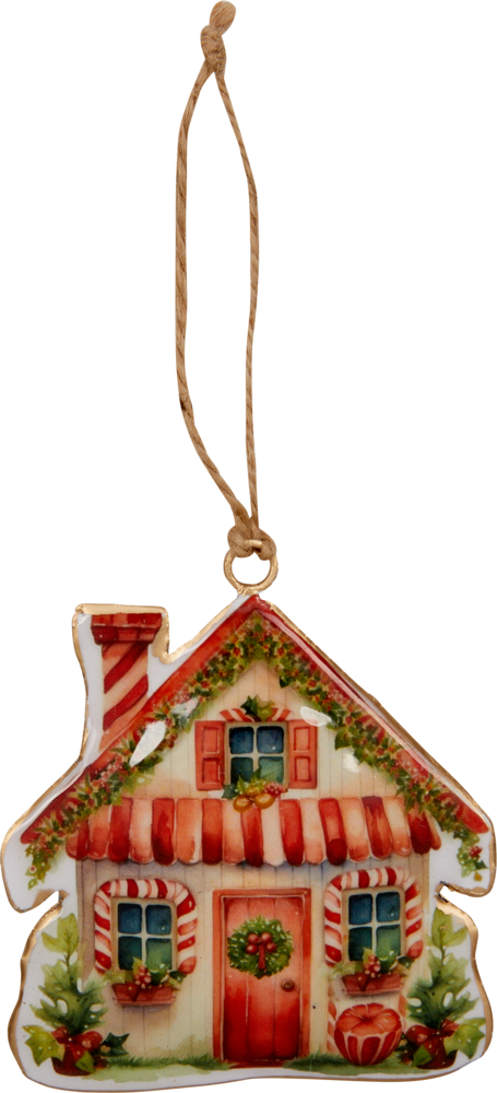 Weihnachtshaus-Ornament mit einer roten Tür, Zuckerstangen-Akzenten und Schnur zum Aufhängen.