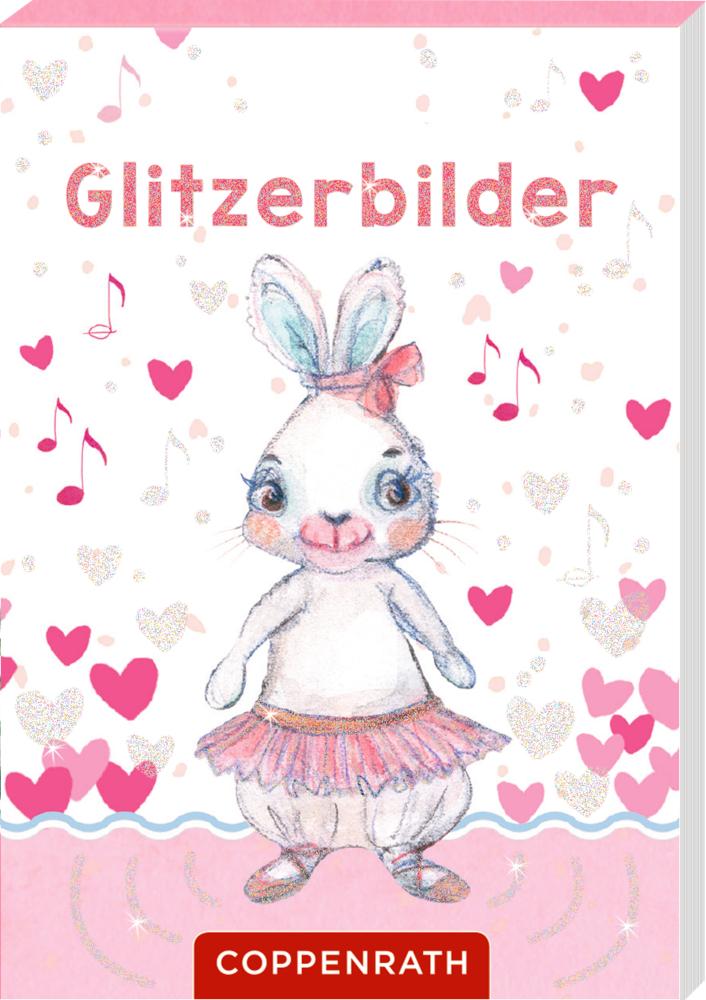 Illustration Hase im rosa Tutu, Herzen und Musiknoten, Titel Glitzerbilder.