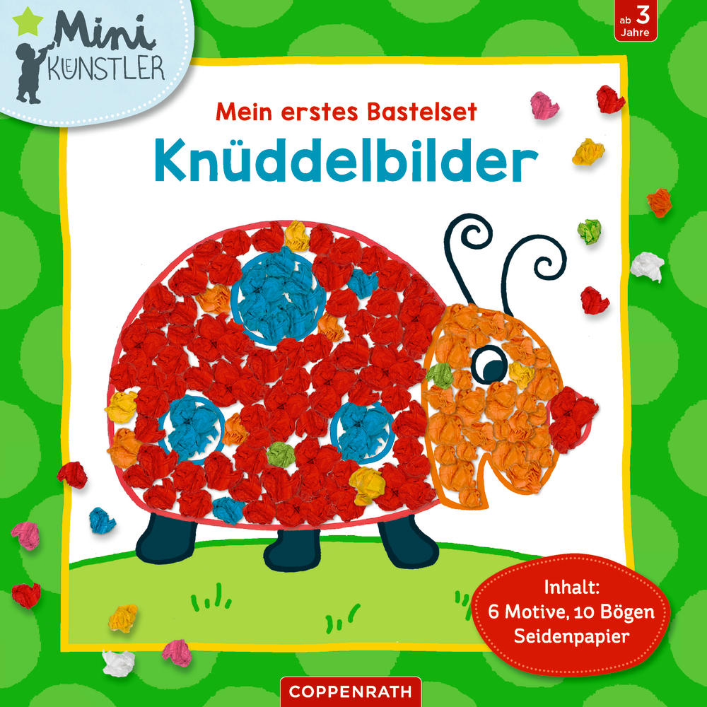 Mein erstes Bastelset: Knüddelbilder (Mini-Künstler) Bunter Marienkäfer aus zerknülltem Seidenpapier auf grünem Rasen, beschriftet mit „Knüddelbilder“.