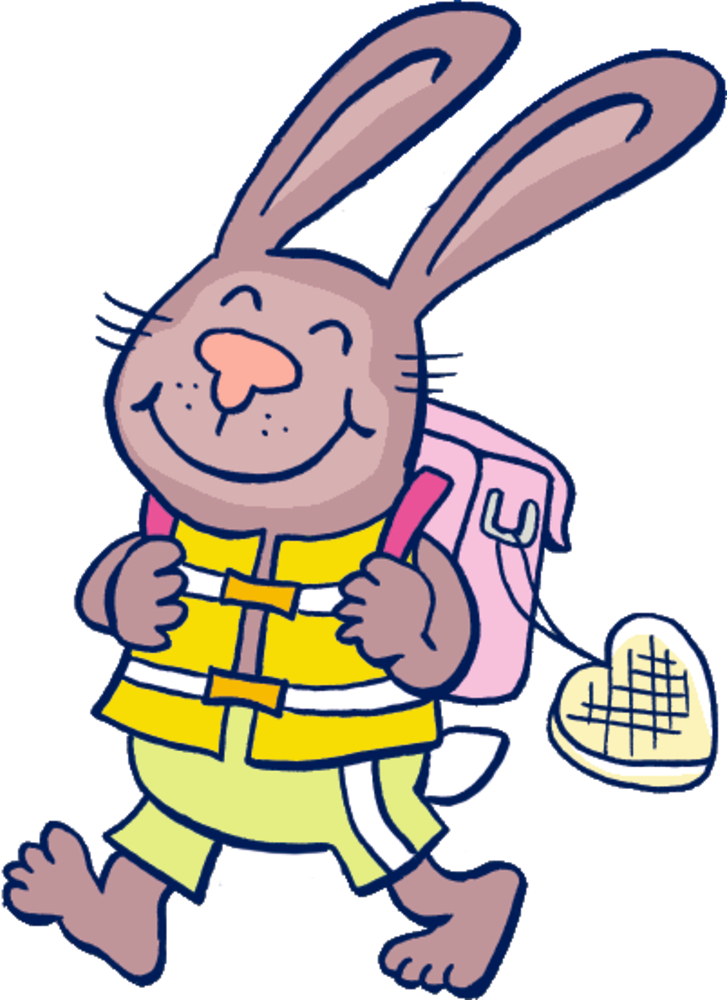 Ein fröhliches Kaninchen in einer gelben Schwimmweste und einem rosa Rucksack läuft mit einem breiten Lächeln.
