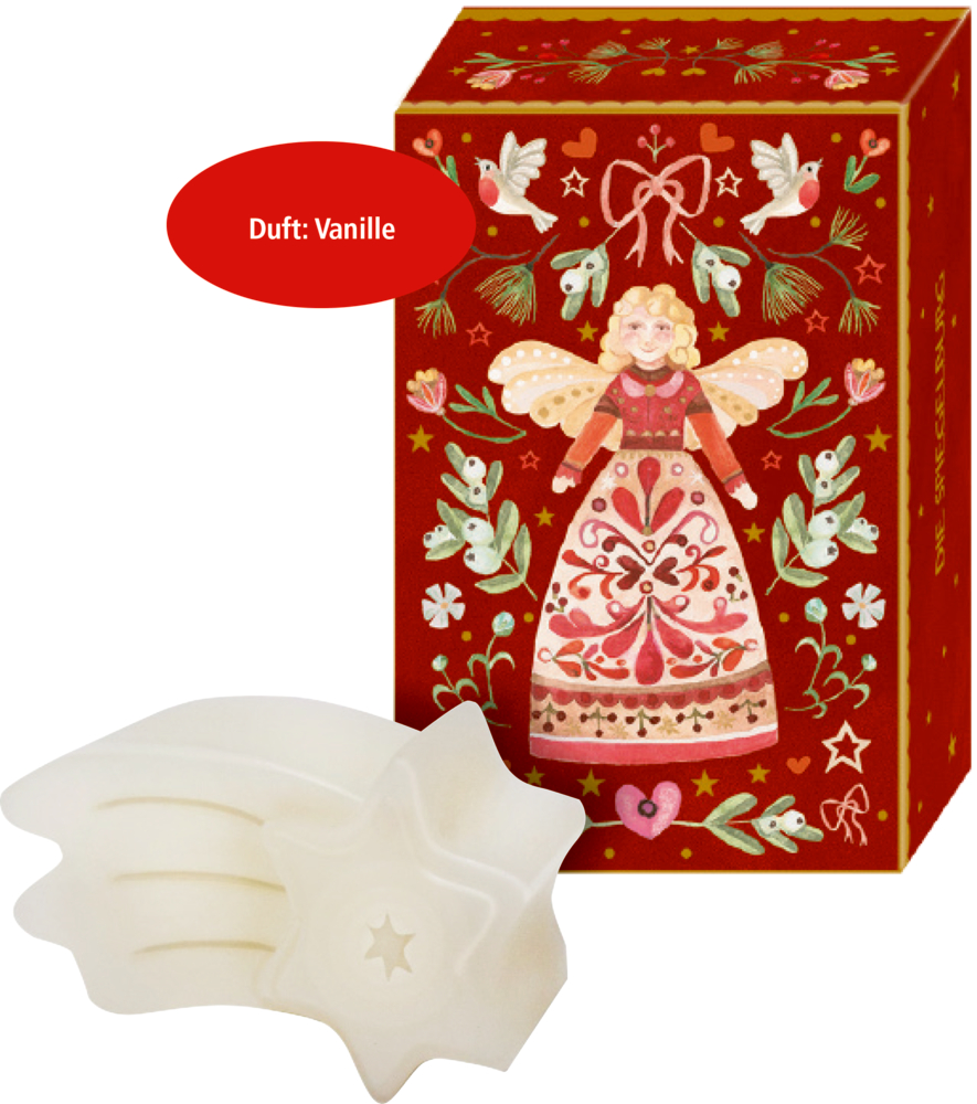 Rote Schachtel mit Engelabbildung und weißer Sternseife mit der Aufschrift „Duft: Vanille“.
