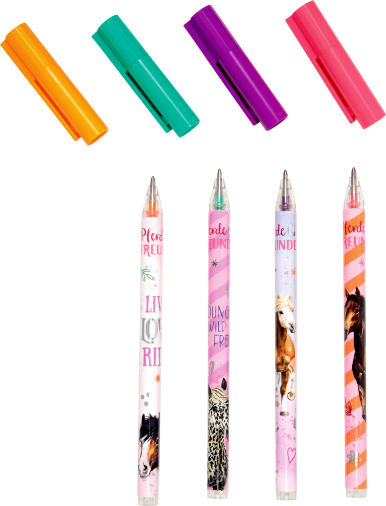 Vier farbenfrohe Stifte mit Tiermotiven sind vertikal angeordnet, wobei sich über jedem Stift eine bunte Kappe befindet.