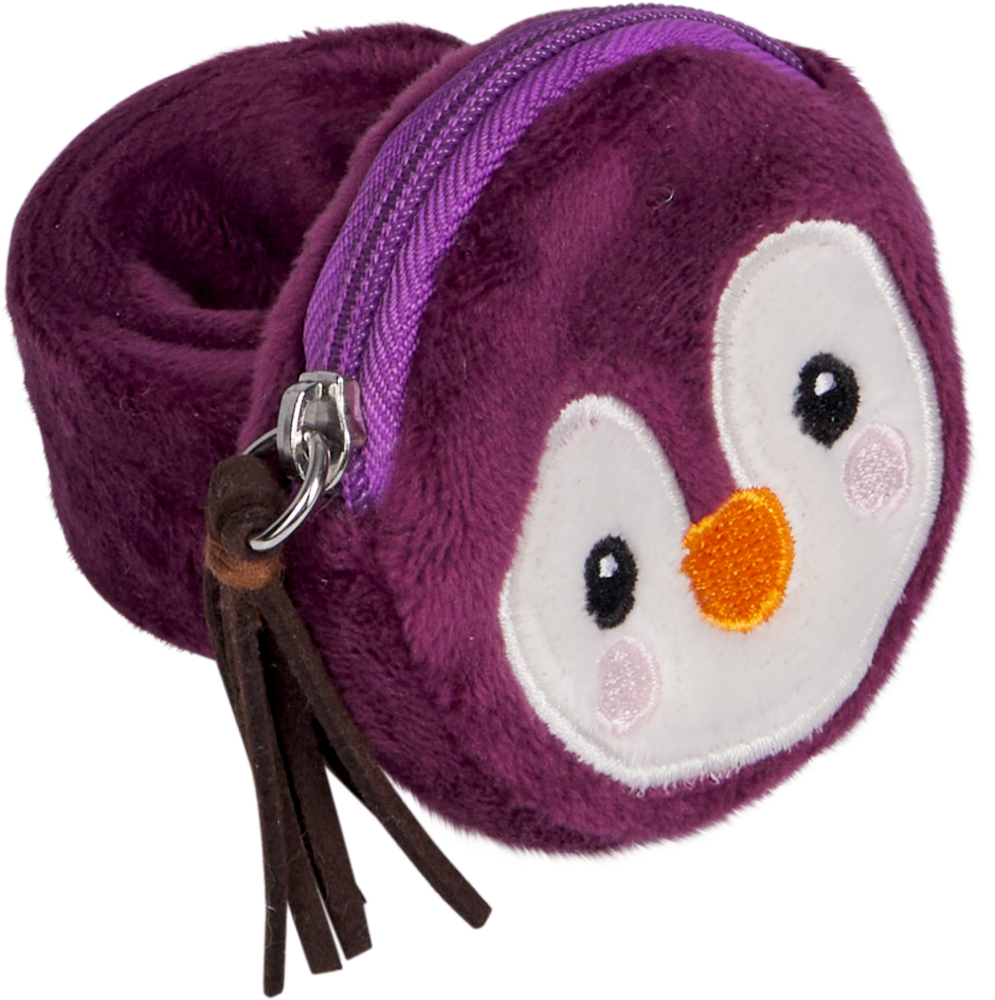 Rundes, lilafarbenes Schnapparmband mit Pinguingesicht, Reißverschluss und brauner Stoffquaste.