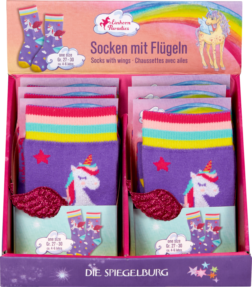 Schachtel mit lila Einhornsocken für Kinder, Regenbogenstreifen, pinkfarbene Glitzerflügel, Größe 27–30, Alter 4–6.