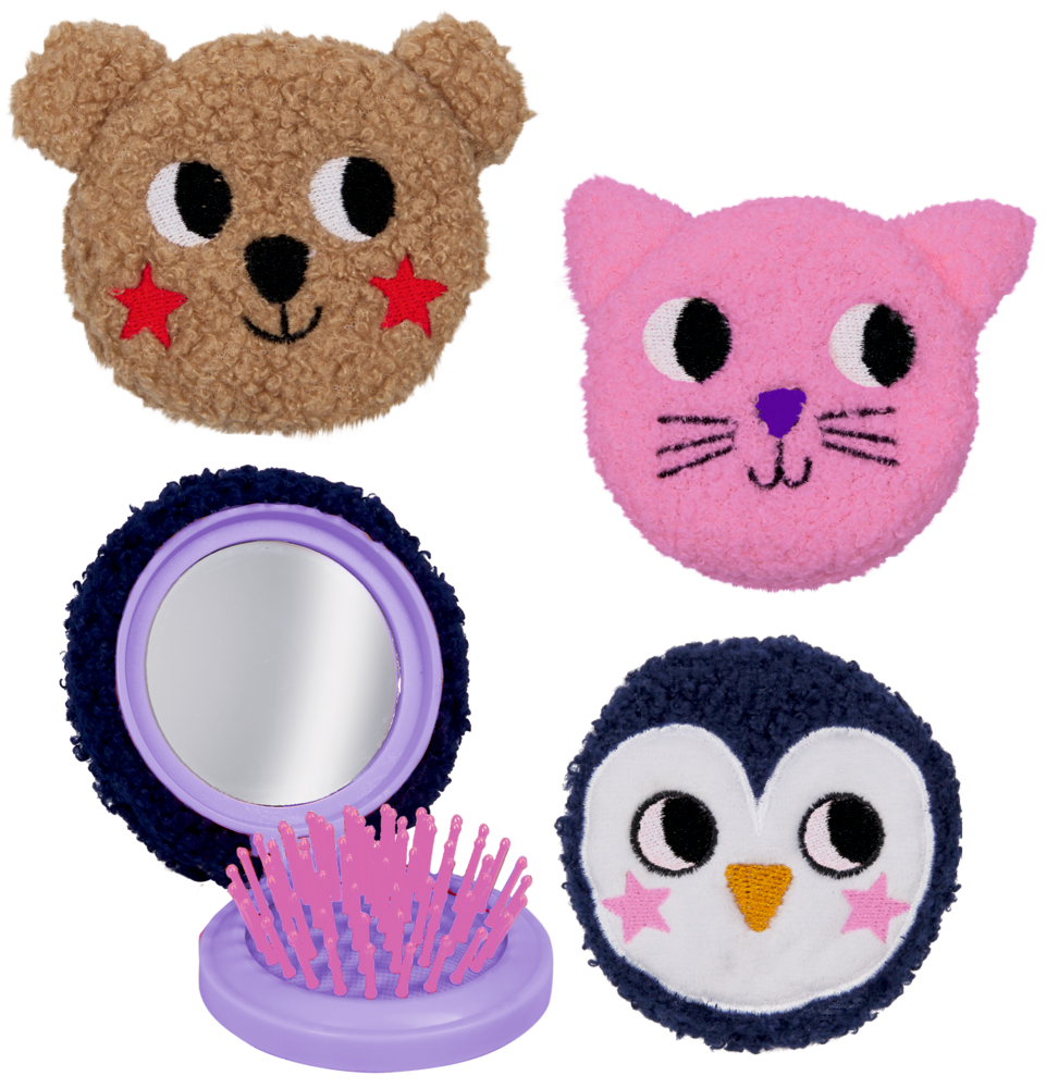 Runde aufklappbare Haarbürsten mit Spiegel in Plüschhüllen als Bär, Katze und Pinguin in Braun, Rosa und Dunkelblau.