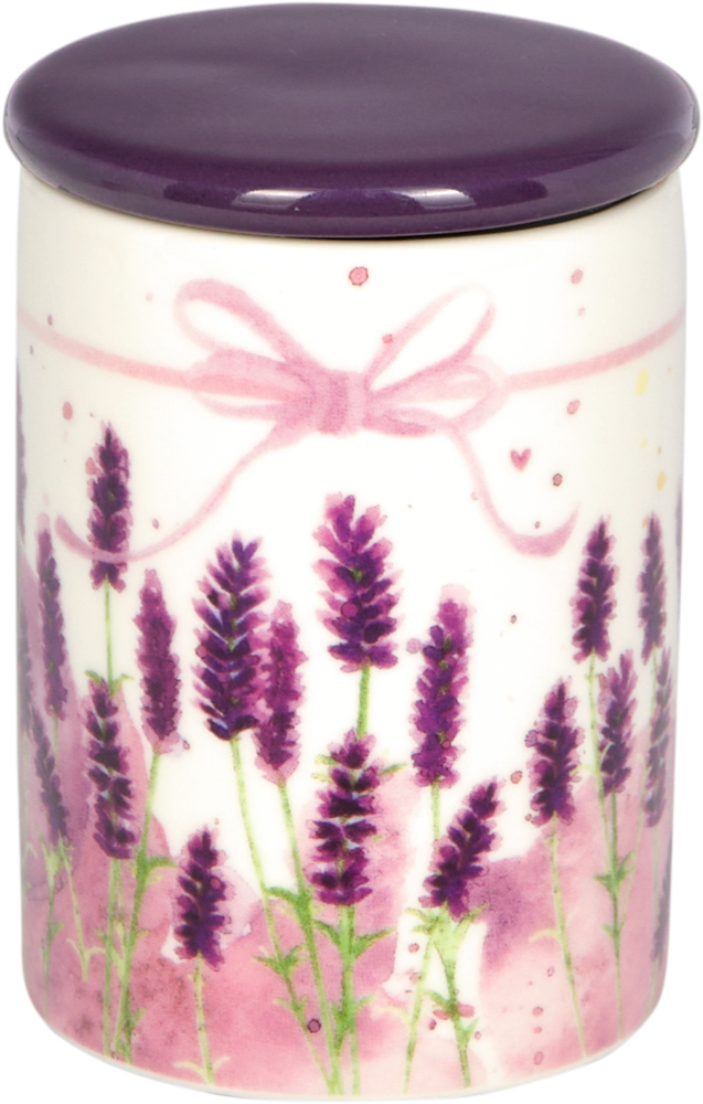 Keramikdose mit violettem Deckel, bemalt mit Lavendelblüten und Design einer rosa Schleife.