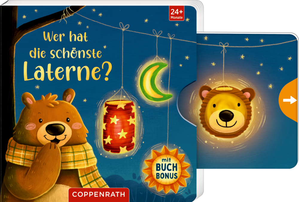 Wer hat die schönste Laterne? Buchcover mit einem Bären und leuchtenden Laternen vor dunkelblauem Himmel. Auf einem herausgezogenen Schieber eine Laterne in Löwenlaterne.