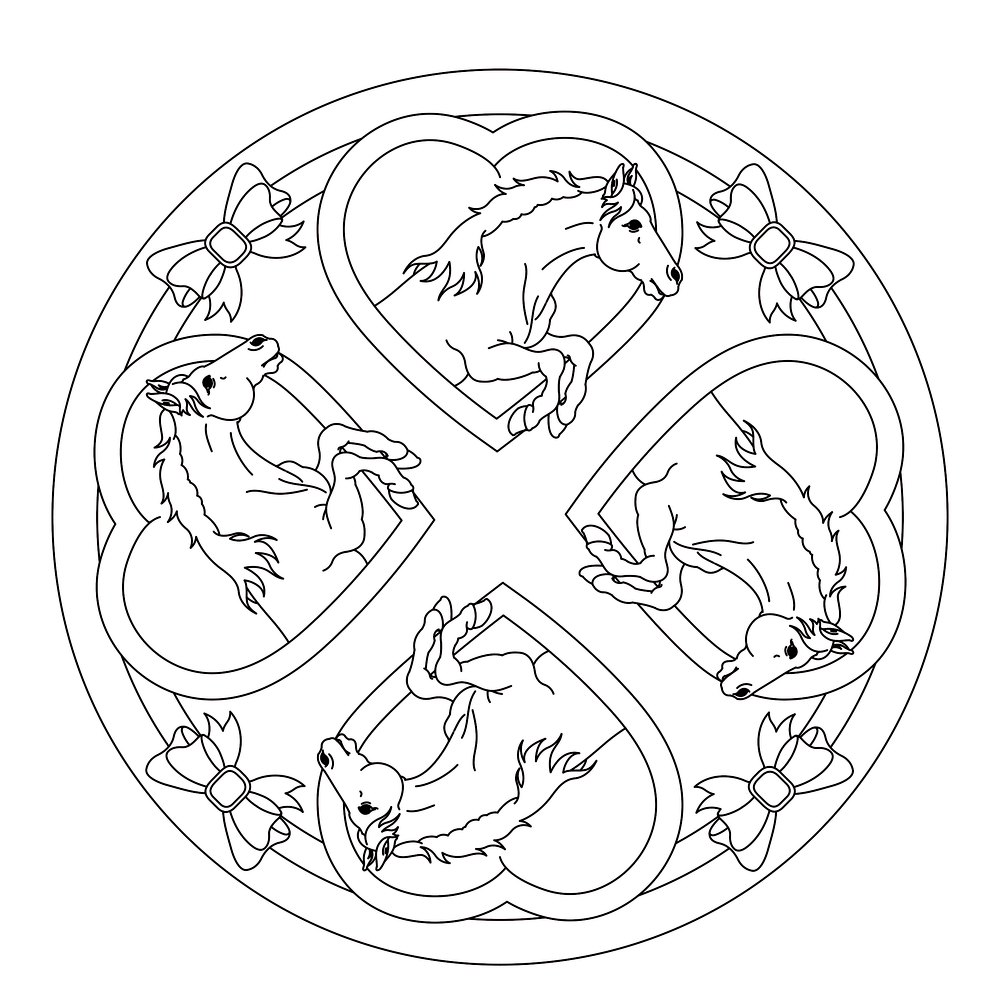 Ausmalbild in Form eines Mandalas mit vier herzförmige Flächen mit Pferde in einem runden Rahmen.
