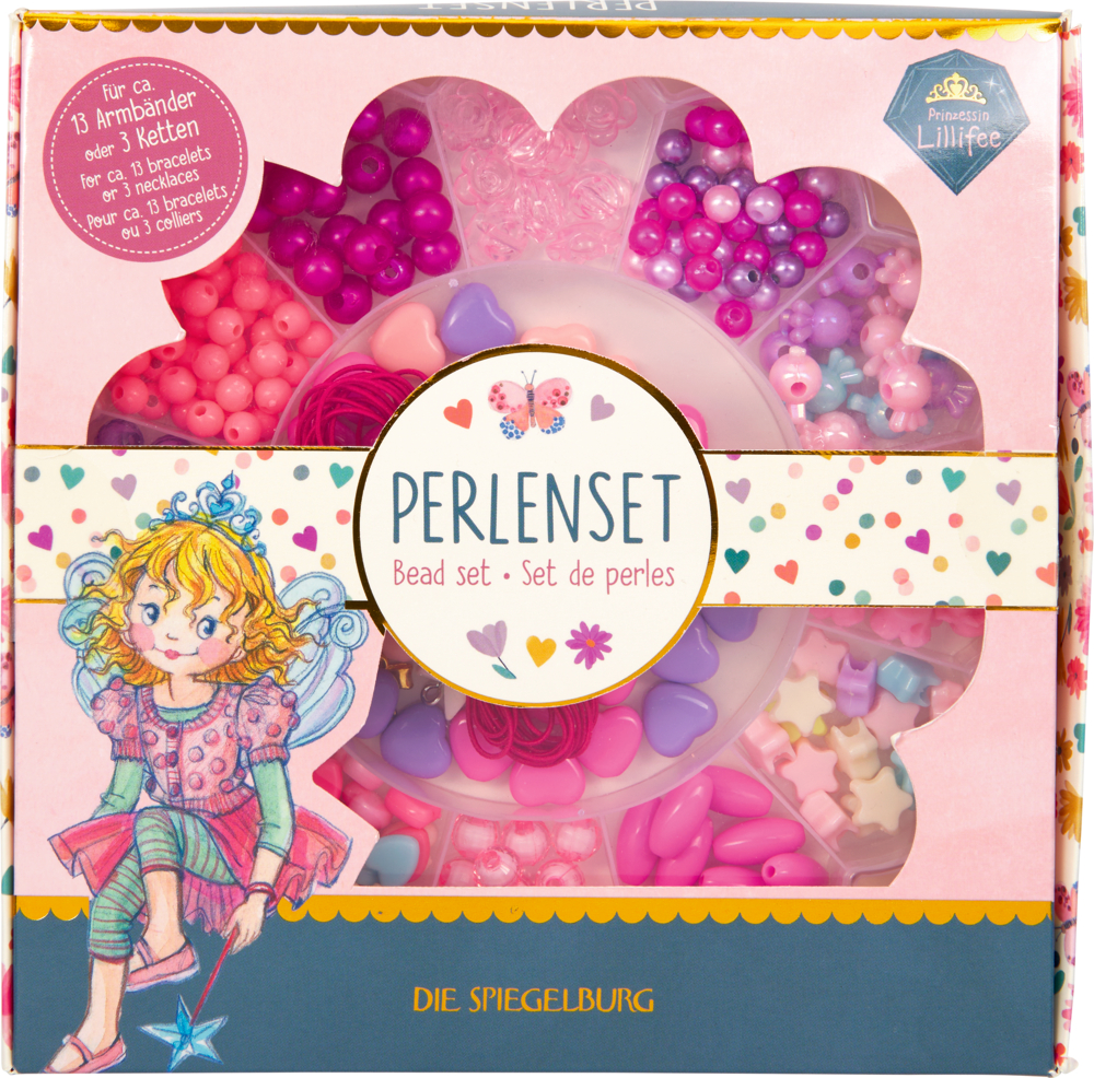 Prinzessinnen-Perlenset in einer blumenförmigen Schachtel mit rosa und violetten Perlen und einem Feendesign.