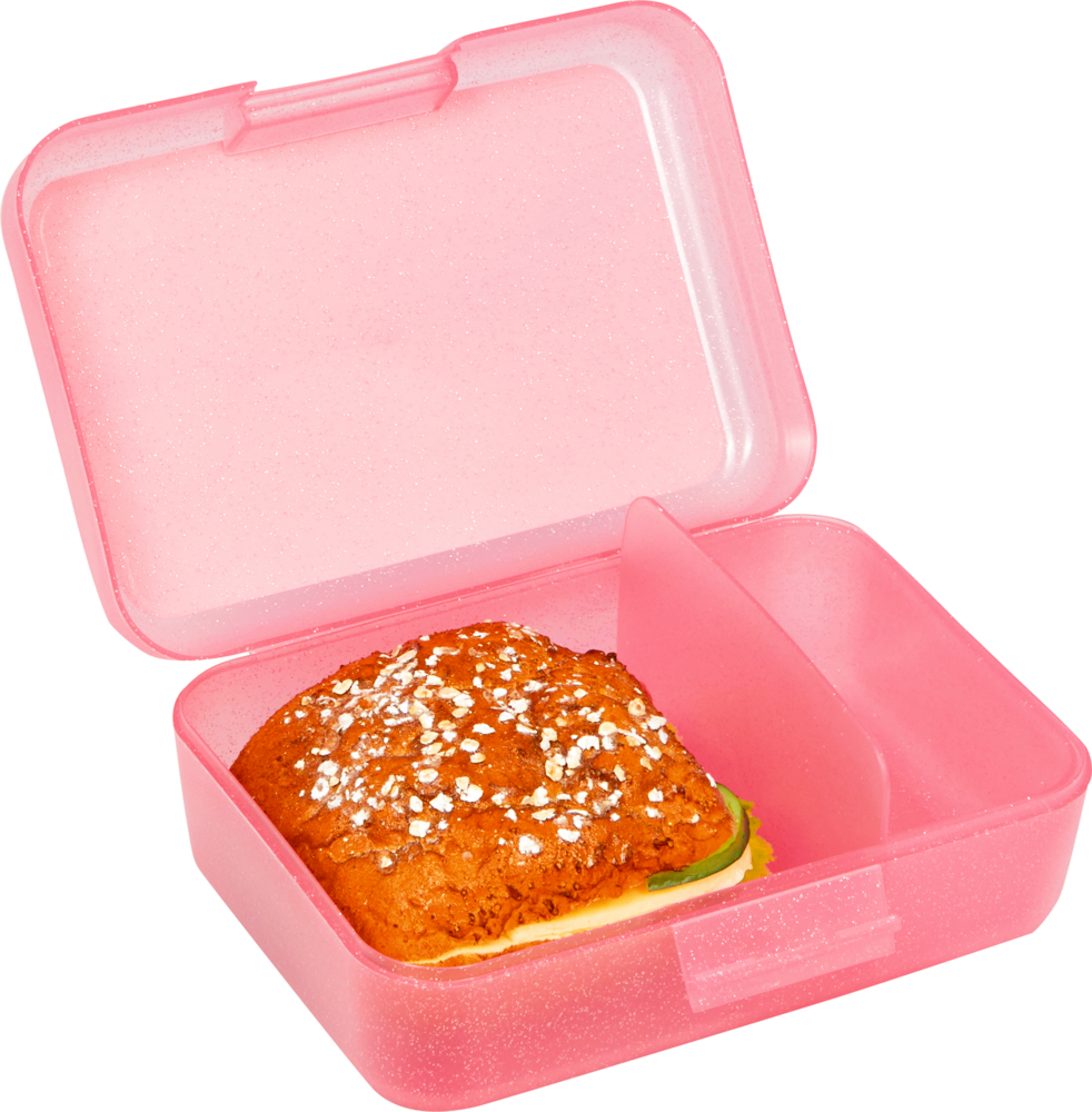 Offene rosa Lunchbox mit Trennwand, enthält ein Sandwich.