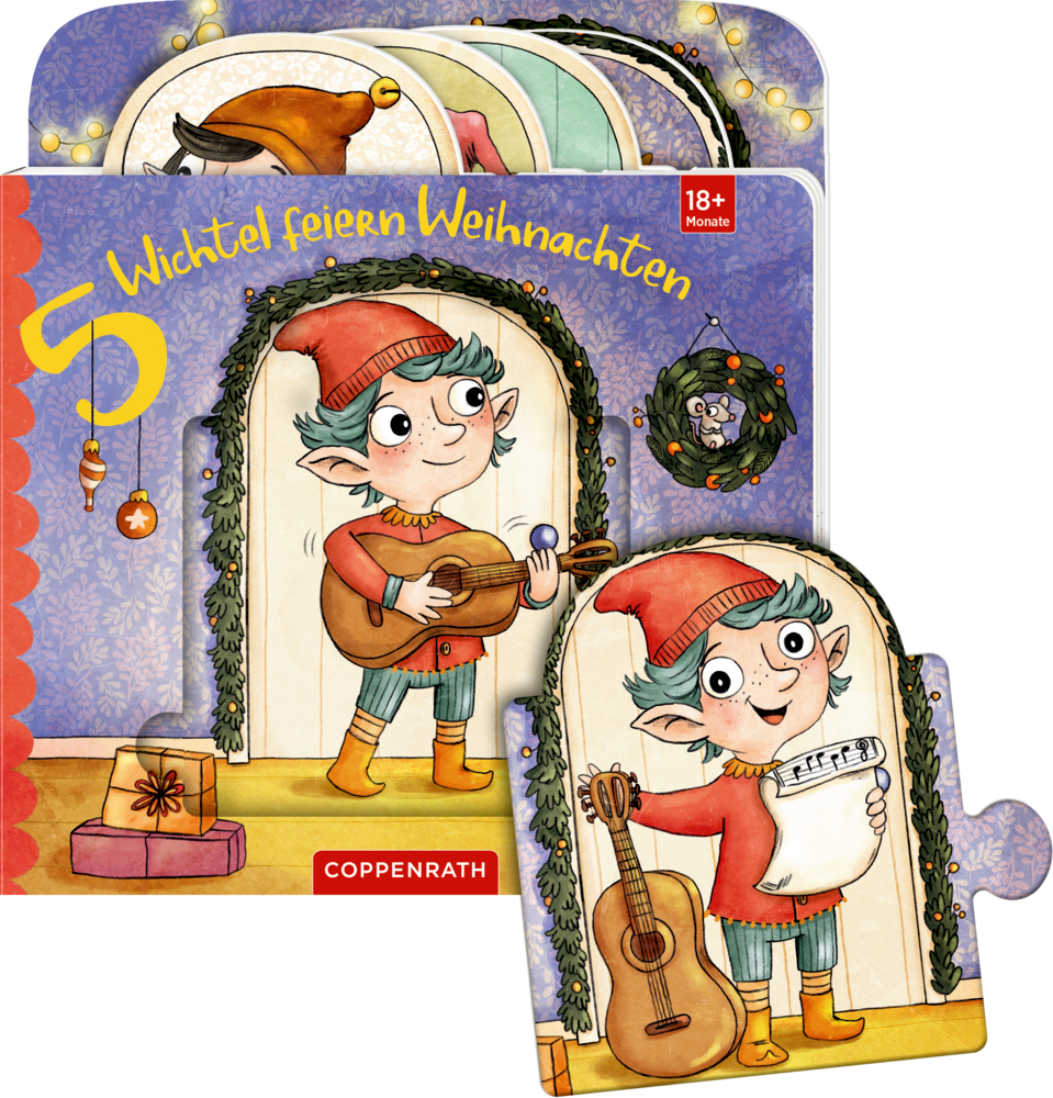 Pappbilderbuch mit gezeichnetem Wichtel, der Gitarre spielt und Puzzleteil mit demselben Wichtel, die Gitarre neben sich.