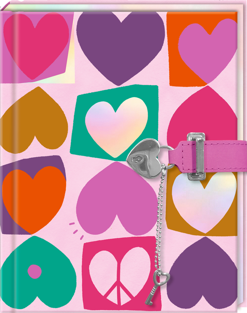 Tagebuch: Make today amazing (Write with love) Farbenfrohes Tagebuch mit Herzmotiven, rosa Riemen, silbernem Herzschloss und Peace-Zeichen auf dem Cover.