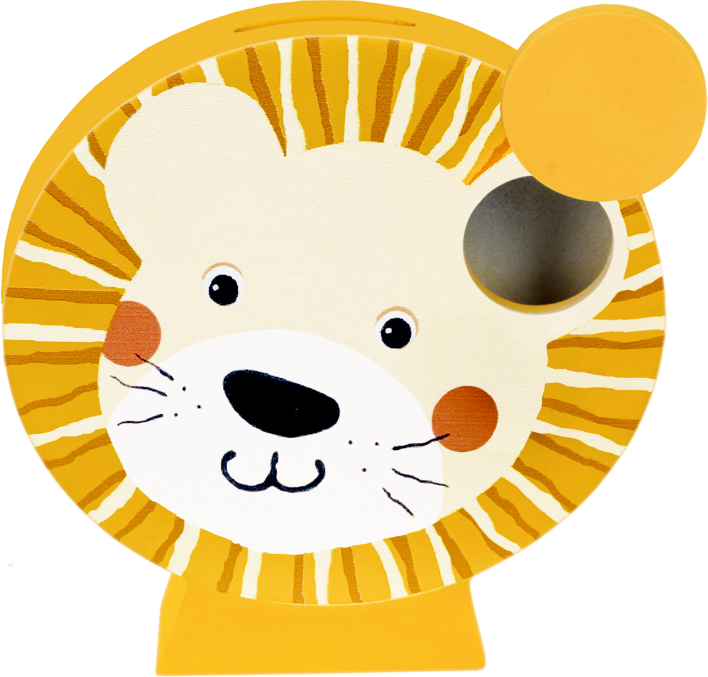 Ein süßes gelbes Löwengesicht im Cartoon-Stil mit runden Ohren und Mähne, kreisförmig gezeichnet.