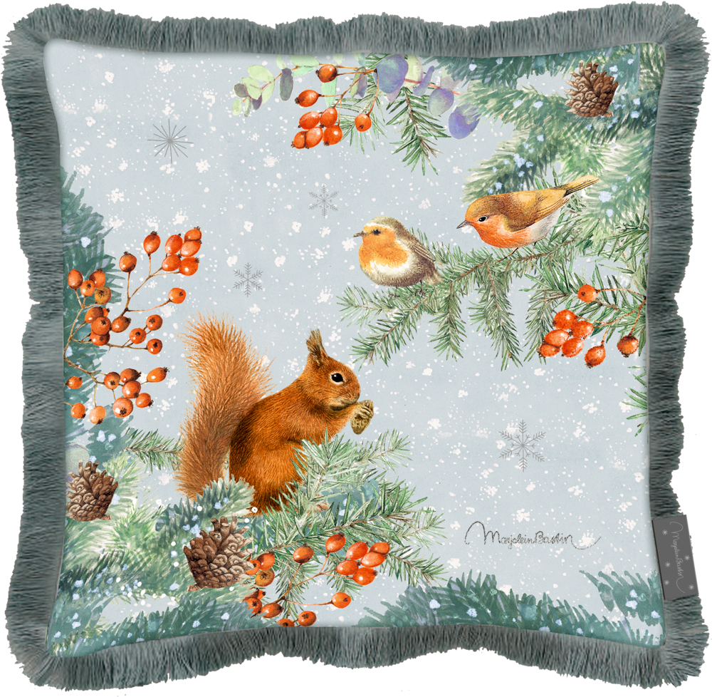 Kissen Zauberhafter Winterwald - M. Bastin (ca. 40x40 cm) Graues Kissen mit Winterlandschafts (Eichhörnchen, zwei Rotkehlchen, Kiefernzweigen, Beeren und Schneeflocken).