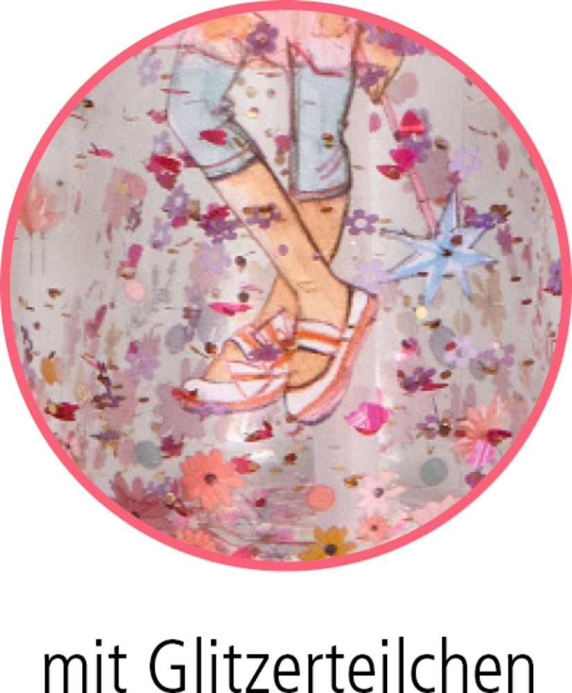 Nahaufnahme von Glitzerteilchen in der Wand einer durchsichtigen Trinkflasche.