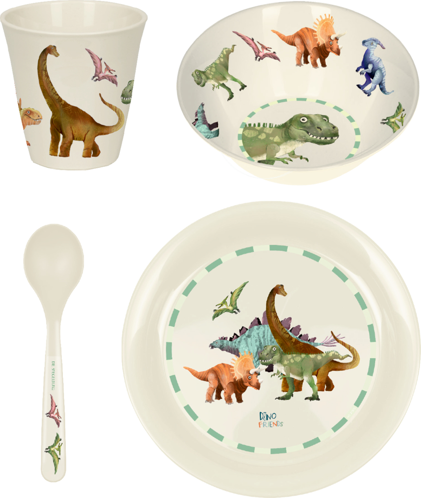 Dinosaurier-Kindergeschirrset: Teller, Schüssel, Tasse und Löffel mit bunten Dino-Motiven.
