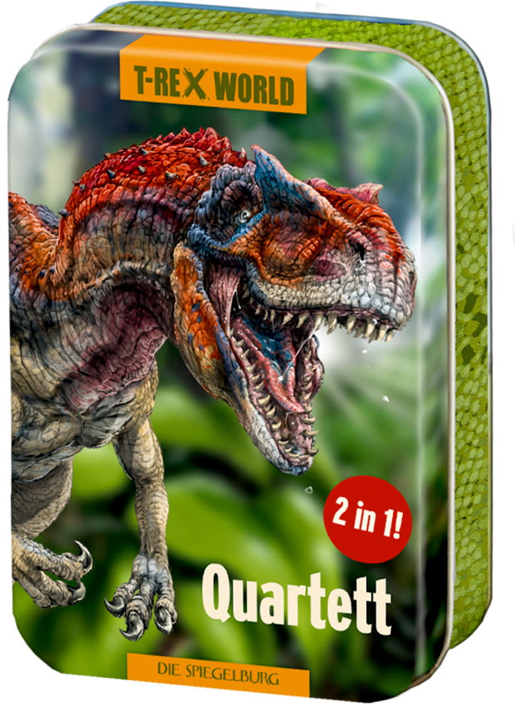 Quartett T-Rex World Metalldose mit brüllendem Dinosaurier und dem Text „T-Rex World Quartett 2 in 1! Die Spiegelburg“ auf dem Deckel.
