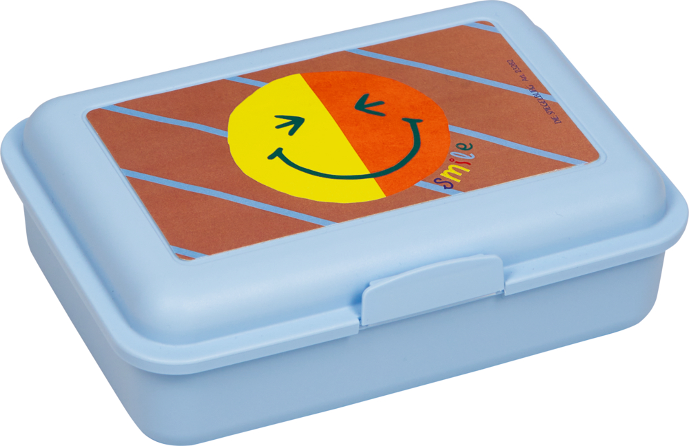 Hellblaue Lunchbox mit gelbem, lächelndem Gesichtssticker und dem Schriftzug Smile auf dem Deckel.