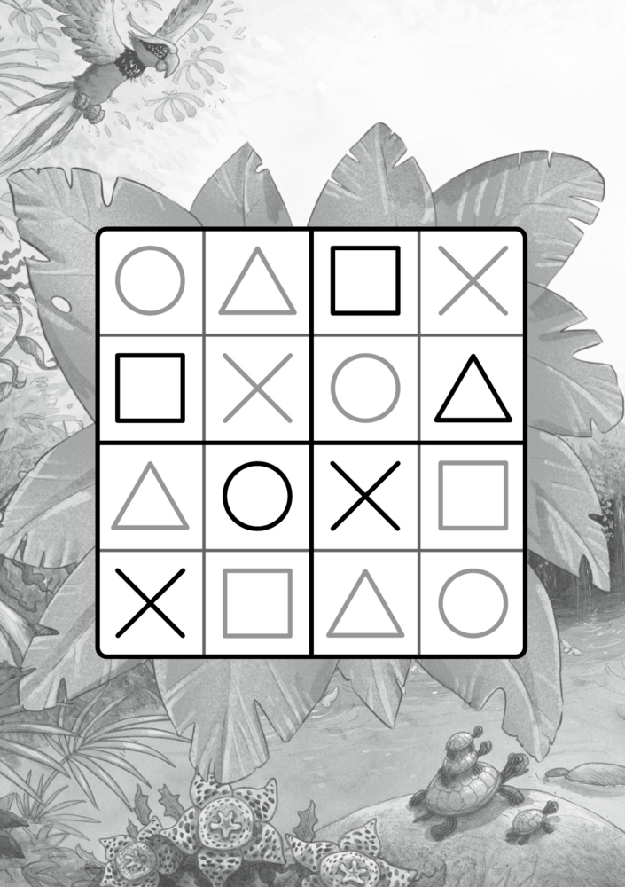 Lösungsseite eins Sudokus mit Formen auf einem Dschungel-Hintergrund mit Tieren.