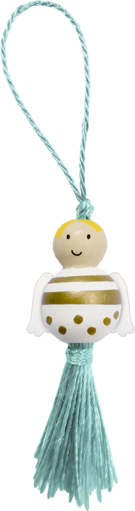 Lächelndes Engelsornament mit goldenen Akzenten, weißen Flügeln und einer blauen Schnurquaste und Schlaufe zum Aufhängen.