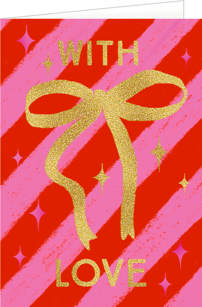 Rote Karte mit pinken Streifen, goldener Schleife und goldenem Text „WITH LOVE“.