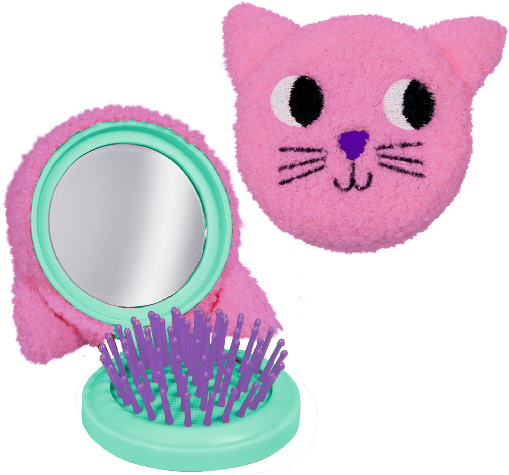 Runde aufklappbare Haarbürste mit violetten Borsten und integriertem Spiegel, zusammenklappbar mit pinkfarbener Katzenkopf-Hülle aus Teddystoff.