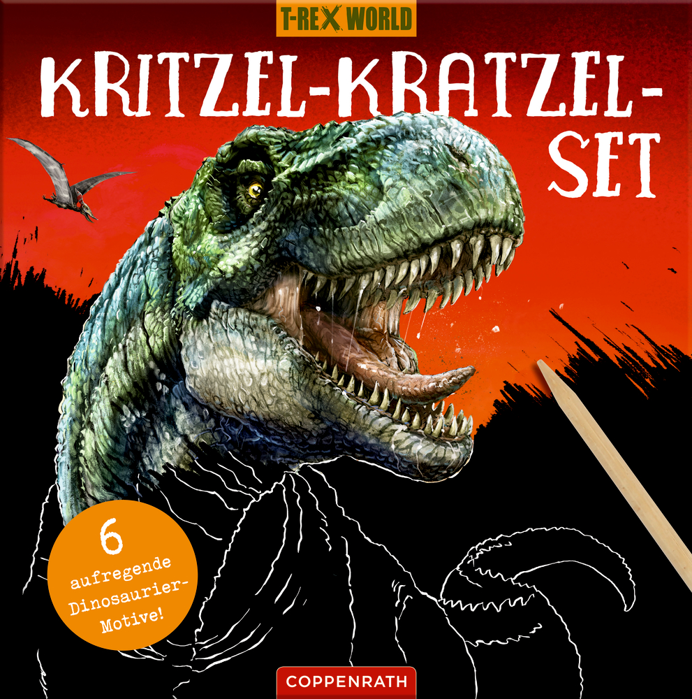 Brüllender T-Rex mit einem Kratzelstift und einem fliegenden Dinosaurier im Hintergrund.