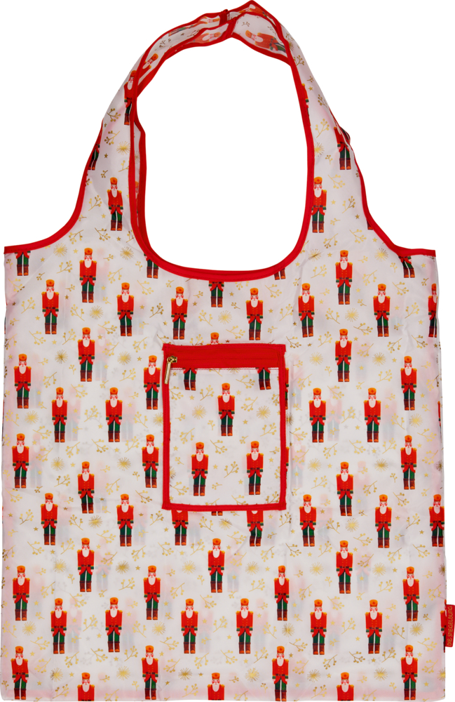 Einkaufsbeutel mit rotem Rand und einem Muster aus Nussknackern mit roten Mänteln.