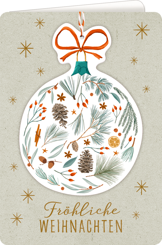 Weihnachtskarte mit festlichem Ornament, Tannenzapfen, Beeren und dem Text „Fröhliche Weihnachten“.