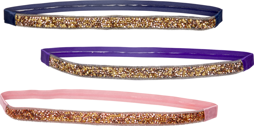 Drei glitzernde Haarbänder in Blau, Lila und Pink, jeweils mit goldenen Pailletten verziert.