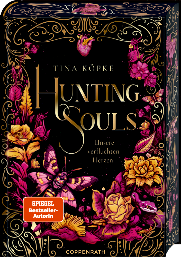 Hunting Souls (Romantasy-Dilogie, Bd. 2) Unsere verfluchten Herzen Verzierter Buchumschlag mit Blumenmuster in Lila und Gold für „Hunting Souls -Band 2“ mit einer detaillierten Mottenillustration.