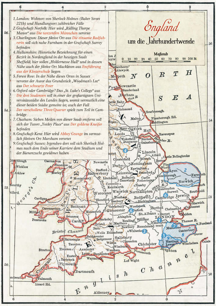 Historische Englandkarte um die Jahrhundertwende mit markierten literarischen Orten und  Beschriftungen als Beilage.