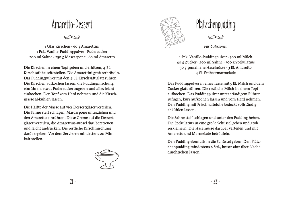 Amaretto-Dessert-Rezept (links) und Plätzchenpudding (rechts) mit Schritt-für-Schritt-Anleitung auf einer Seite.