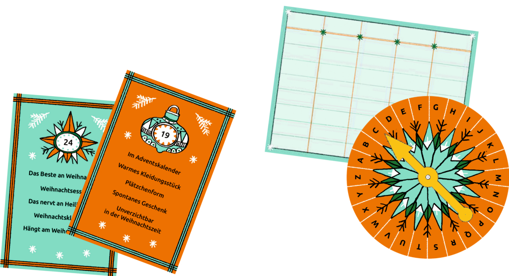 Zwei bunt illustrierte Spielkarten mit weihnachtlichen Motiven, Buchstabenrad und Tabelle in Grün-Orange-Tönen.