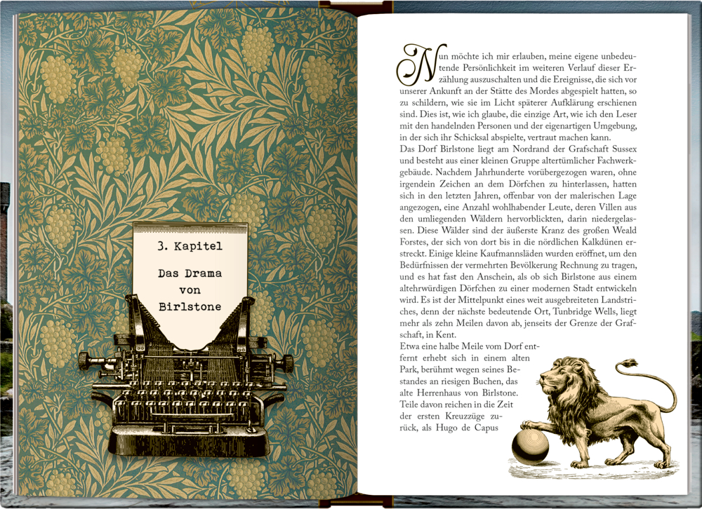 Offenes Buch mit Vintage-Blumen, Schreibmaschine, Text und einer Löwenillustration.