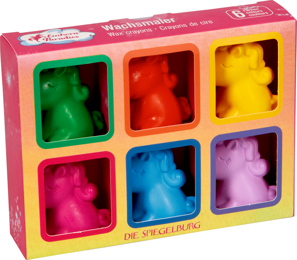 Set mit sechs Wachsmalstiften in Einhornform in Rot, Gelb, Grün, Blau, Orange und Lila – lustige Farben für kreative Kinder.